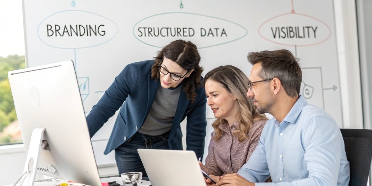 A professional team collaborating around a computer, with a whiteboard in the background displaying key terms like branding, structured data, and visibility.