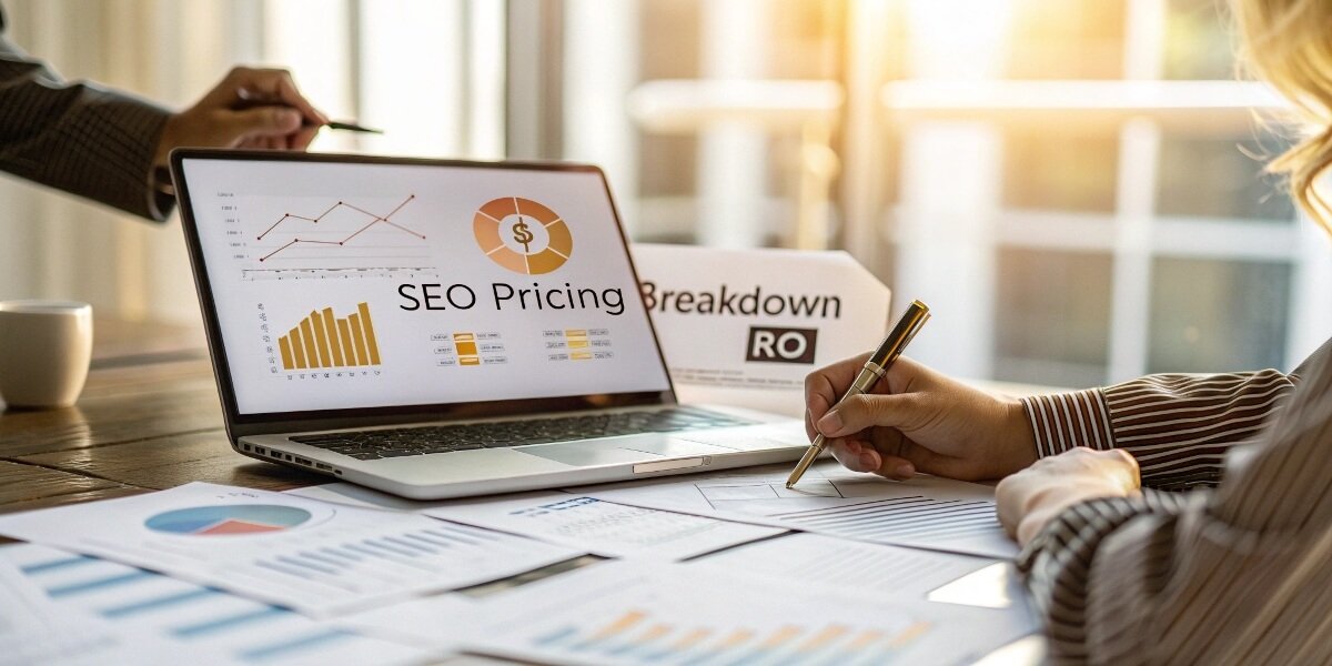 Laptop screen displaying SEO pricing breakdown with financial charts and graphs in a business setting