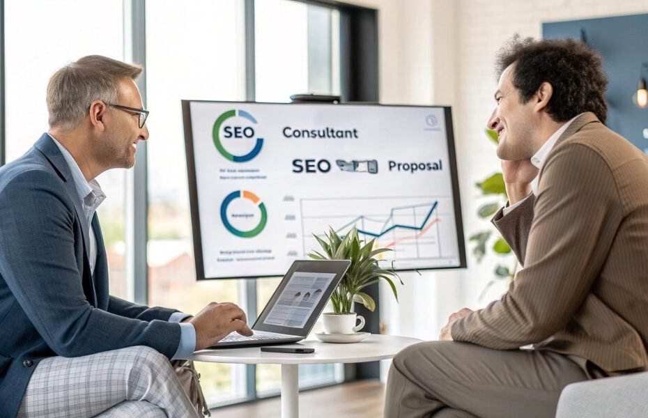 Two business professionals discussing an SEO consultant proposal with cost breakdown graphs on a large screen