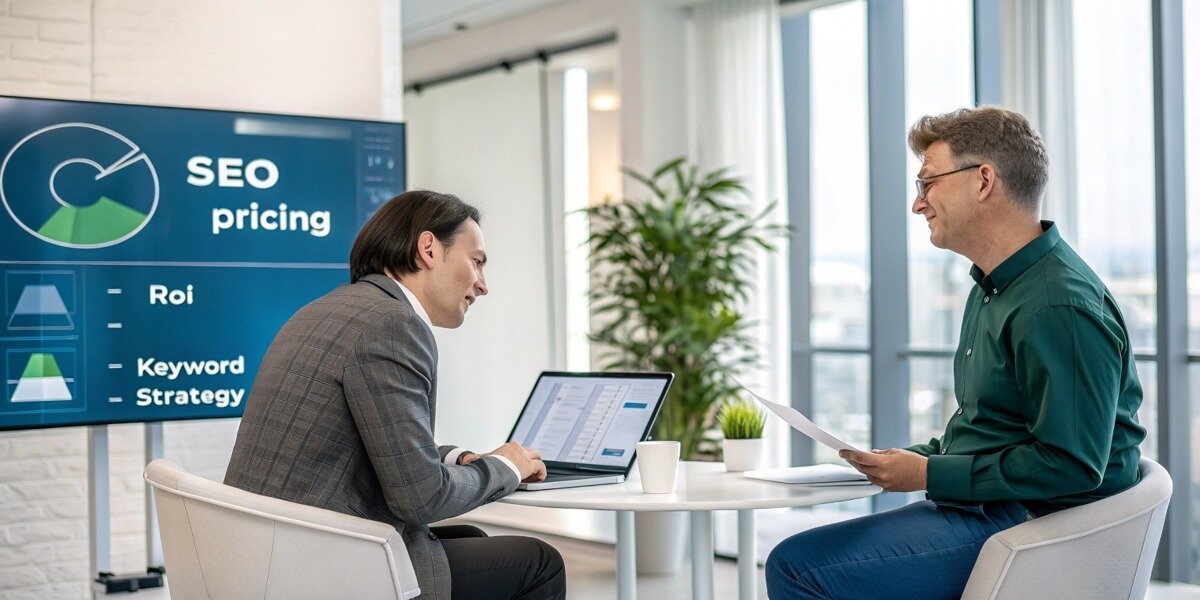 Two professionals in a meeting discussing SEO pricing and strategy with a presentation screen showing SEO-related terms