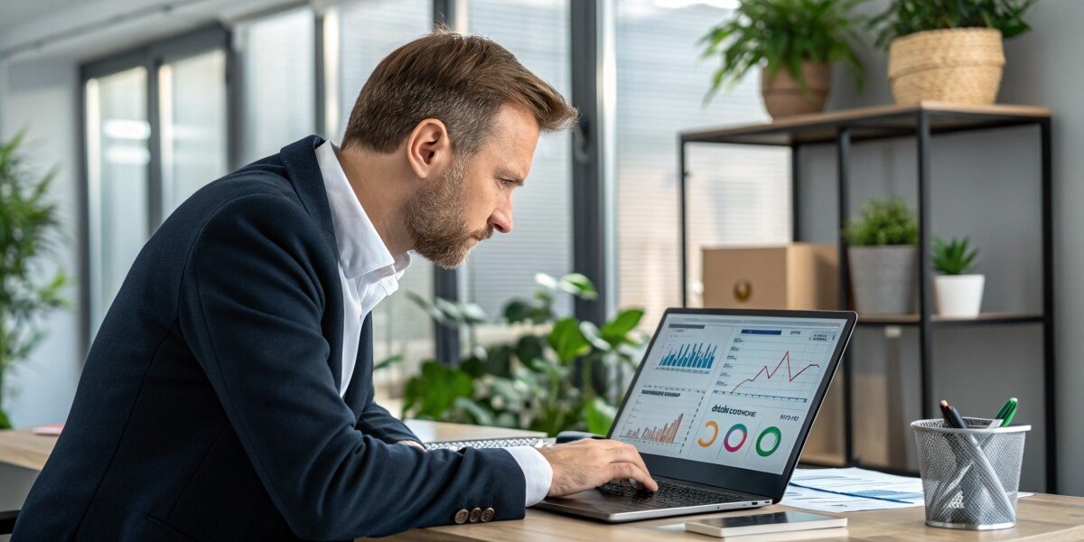 A focused SEO manager analysing performance charts on a laptop in a modern office, representing the impact of Google's November 2024 Core Update on website rankings and traffic.