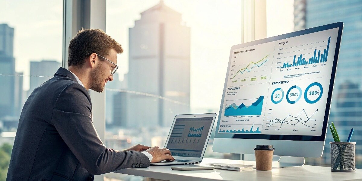 SEO manager analyzing website traffic data, search rankings, and performance metrics on desktop and laptop, improving SEO strategy for organic growth.