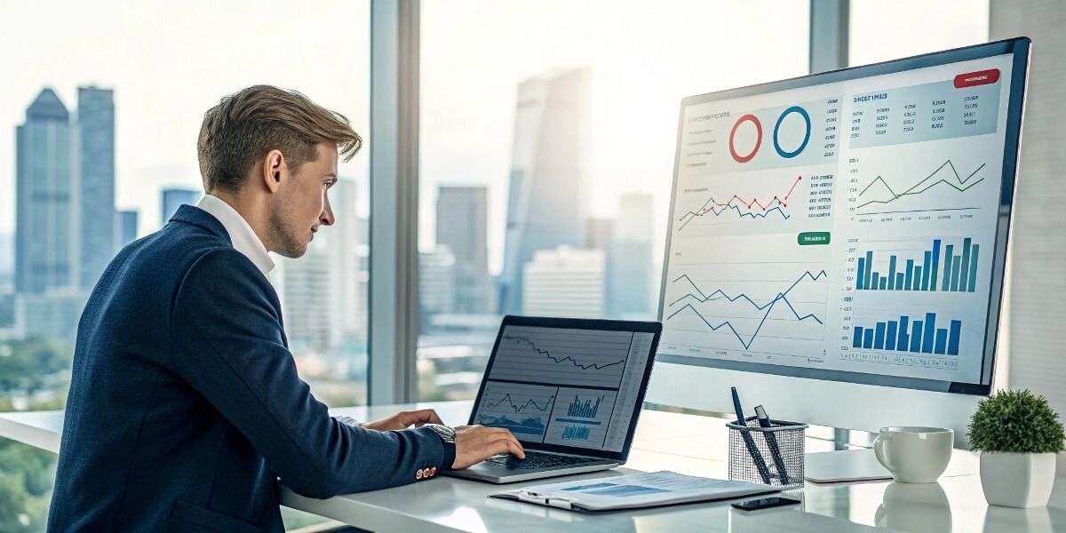 Business executive in a modern office reviewing an SEO dashboard with performance charts and revenue growth metrics.