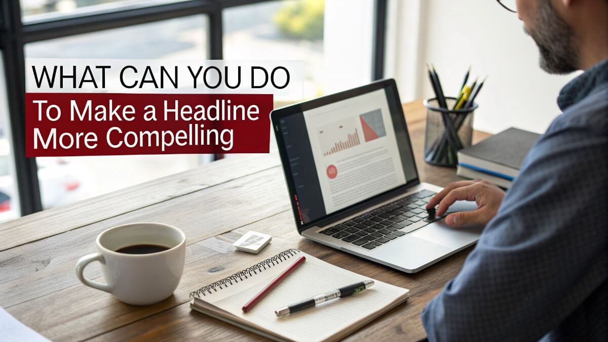 What can you do to make a headline more compelling 3 A focused individual working on a laptop, reviewing a headline design. The desk setup includes coffee, pens, and notebooks, creating a professional yet creative atmosphere.