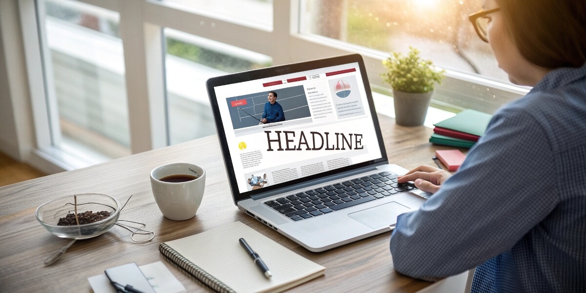 What can you do to make a headline more compelling 2 A modern office desk featuring a laptop screen with a headline prominently displayed. The setup includes a cup of coffee, a plant, and stationery, surrounded by natural light from large windows.