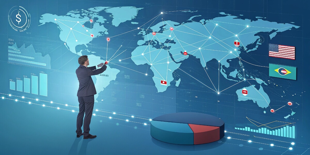 How SEO managers measure market share: Tracking organic search growth 2 Business professional analysing a digital world map with market share distribution, country flags, and data connections, representing global market expansion and competitive insights.