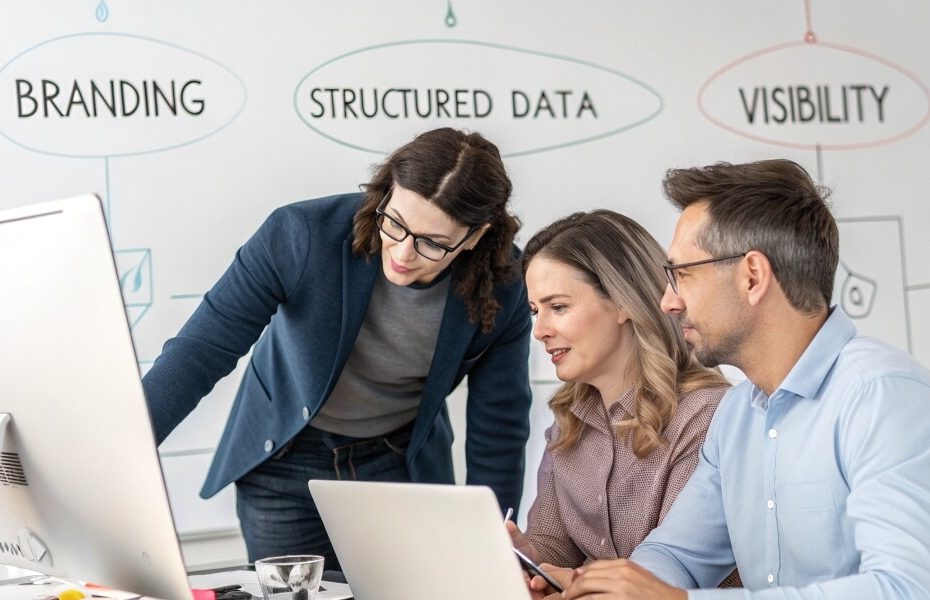 A professional team collaborating around a computer, with a whiteboard in the background displaying key terms like branding, structured data, and visibility.