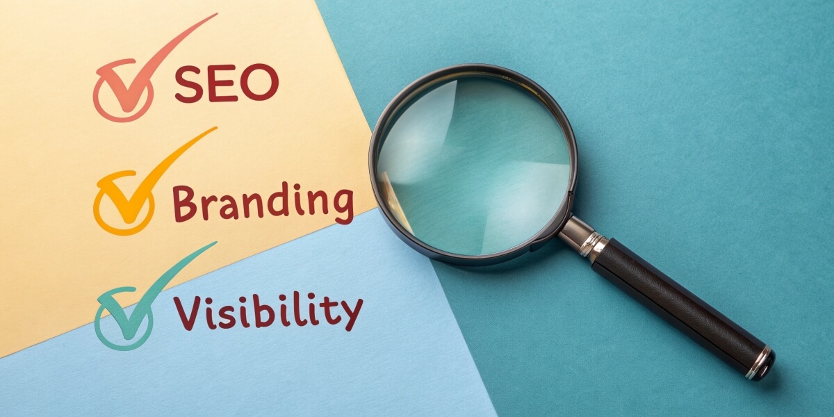 A magnifying glass beside a checklist with ticked items: SEO, Branding, and Visibility, representing a strategic approach to improving search rankings and brand presence.