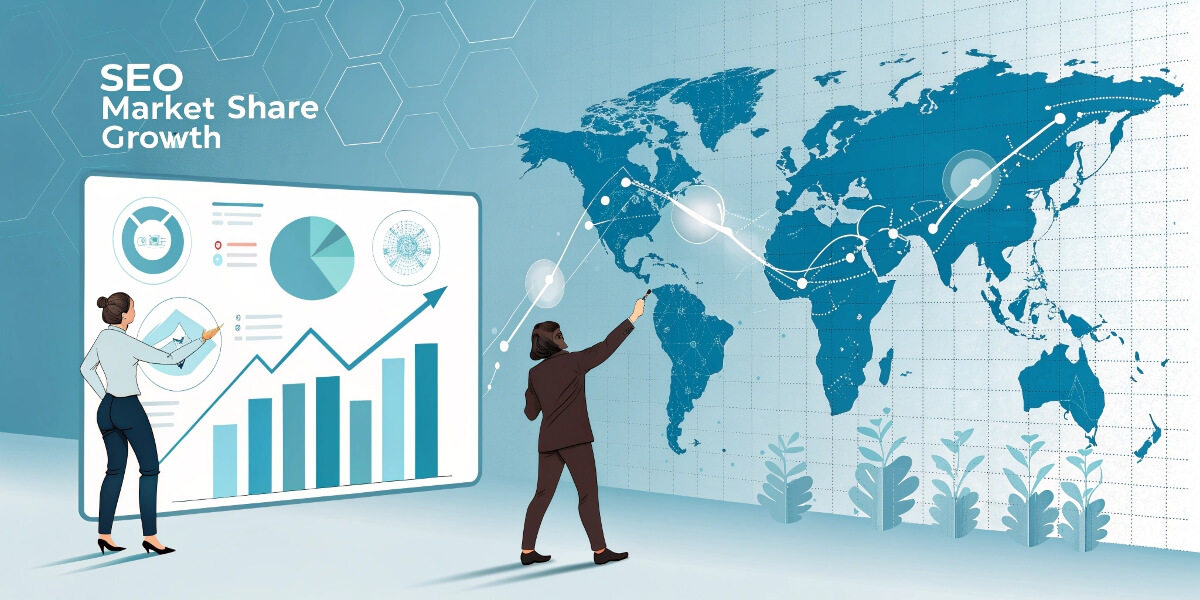 How SEO managers measure market share: Tracking organic search growth 4 Business professionals analysing SEO market share growth with charts, global metrics, and competitive insights.