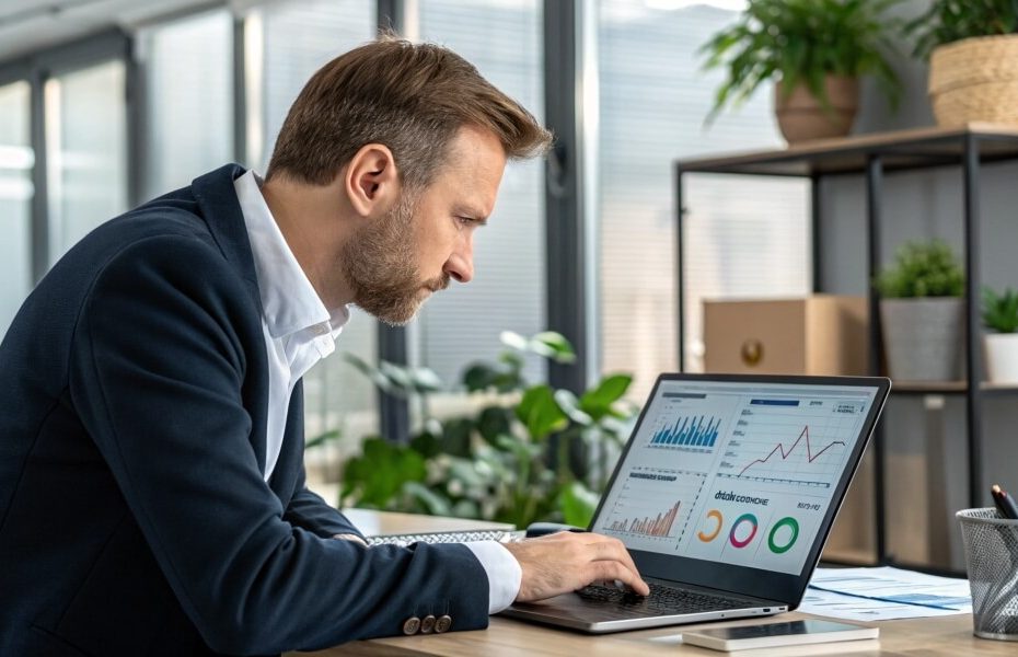 A focused SEO manager analysing performance charts on a laptop in a modern office, representing the impact of Google’s November 2024 Core Update on website rankings and traffic.