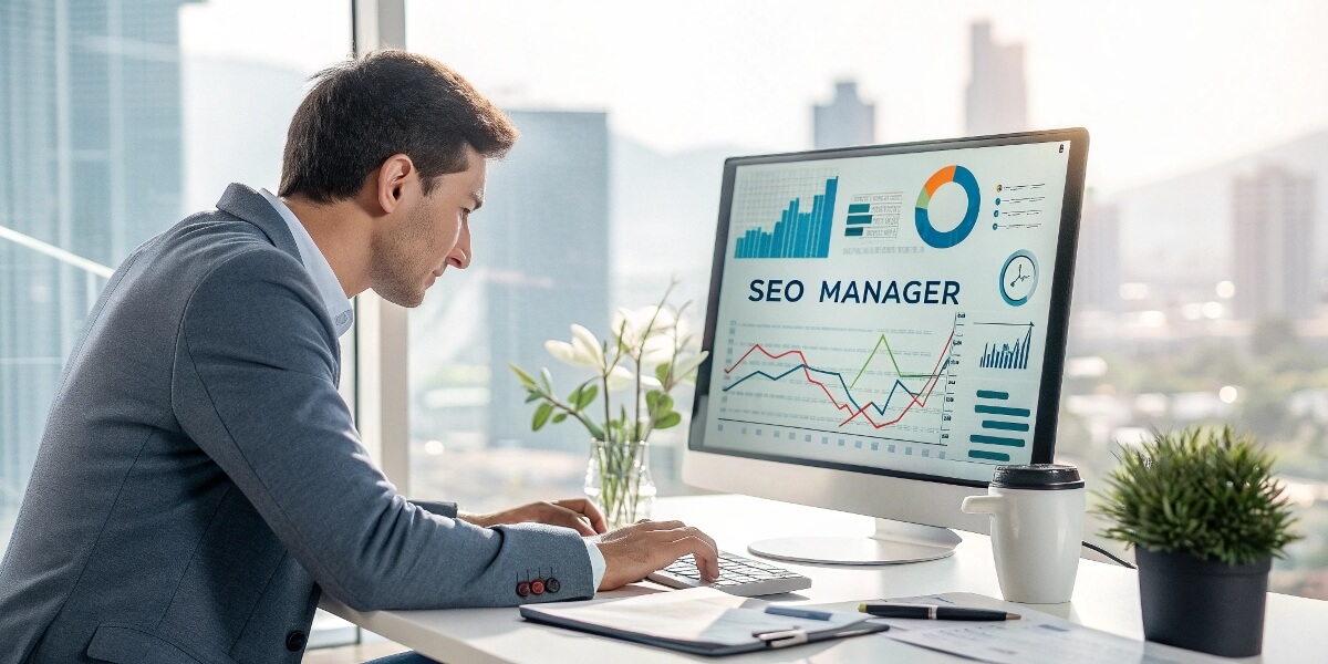 SEO manager conducting keyword research, using SEO tools to analyse search intent, competitor trends, and ranking opportunities.