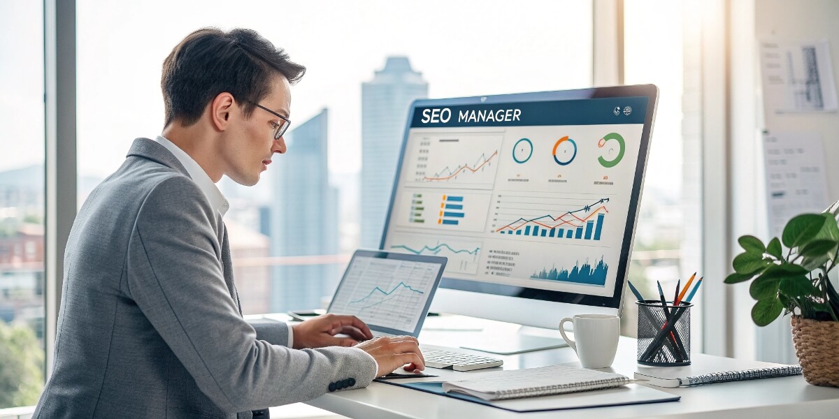 SEO manager working on strategy planning, analysing website traffic data, and optimising rankings for organic search visibility.