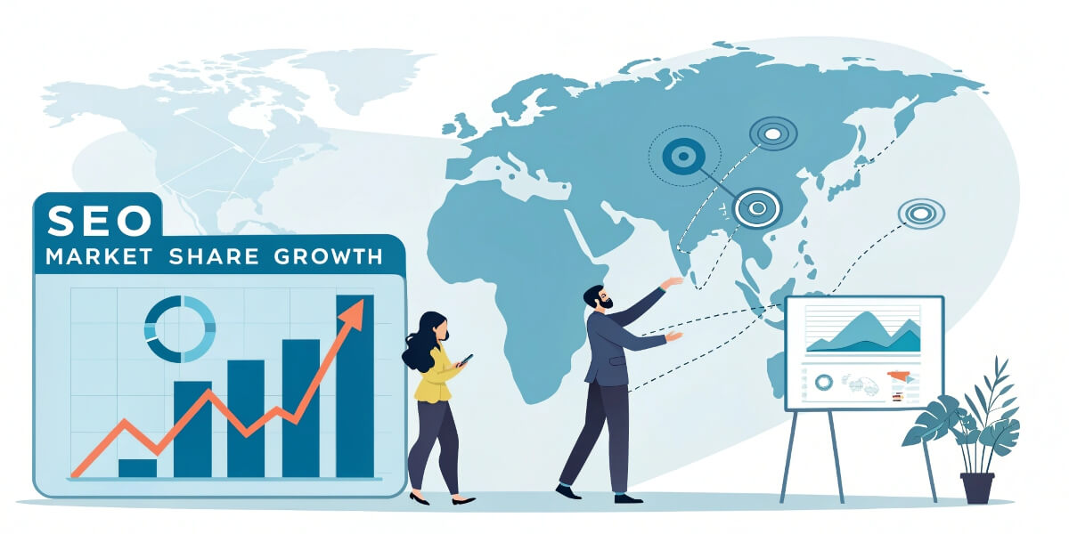 How SEO managers measure market share: Tracking organic search growth 1 Digital world map with market share analysis, depicting business growth, global reach, and competitive positioning.