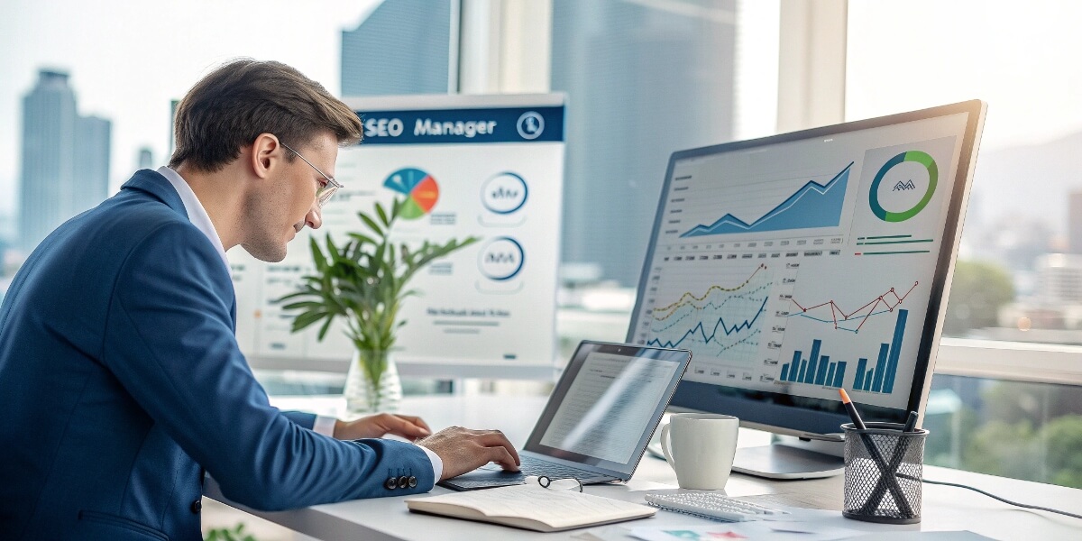 SEO manager monitoring search rankings, organic traffic, and user engagement metrics using analytics tools for performance tracking.