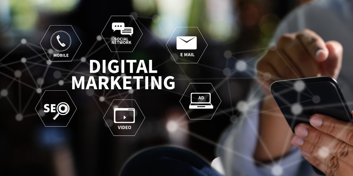 Digital marketing concept with SEO, PPC, email, social media, and video marketing icons, representing different strategies.
